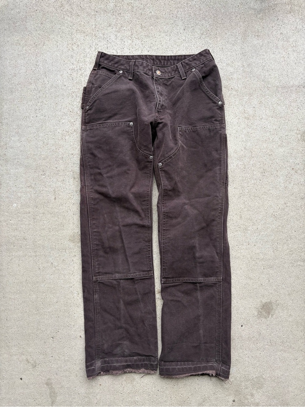 Carhartt WB136 DKB Dark Brown Double Knee Canvas Pants Cut Raw Hem 28x30.5